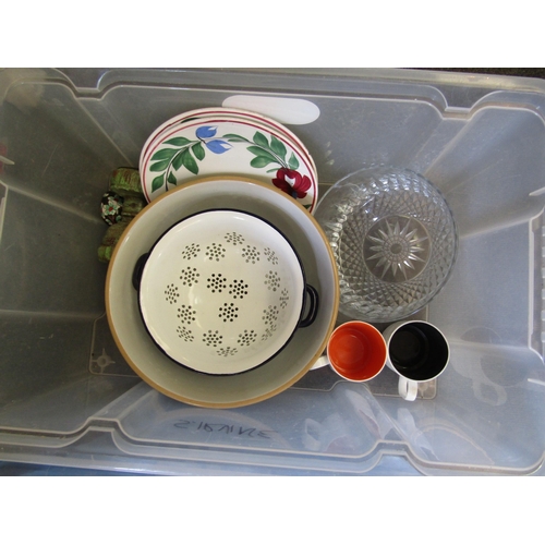 1198 - Three boxes of chinaware and kitchenalia including Poole Pottery dinner and side plates and a modern... 