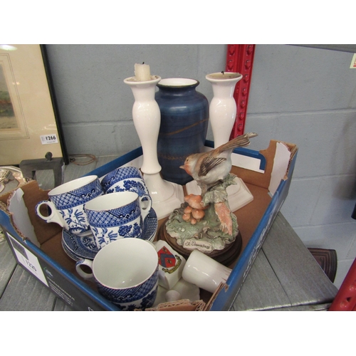 1220 - Mixed ceramics including a Jeff Banks vase, willow pattern cups and saucers, crested wares and candl... 