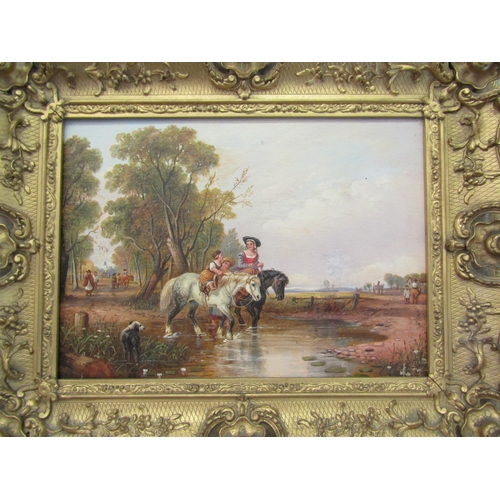 1226 - A modern furnishing oil painting on canvas in the 19th Century style, children on ponies crossing a ... 