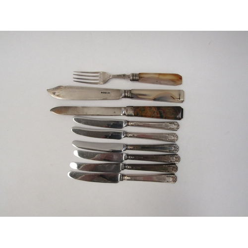 1265 - Six small silver handled knives together with an agate handled knife and fork and one other unmarked... 