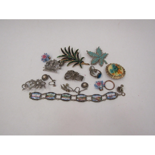 1292 - Marcasite brooches and earring and assorted bijouterie including tourist panel bracelet