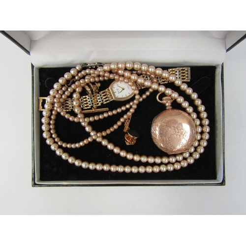 1299 - A gold plated fob watch, two faux pearl necklaces, lady's Avia wristwatch etc   (E) £12-20