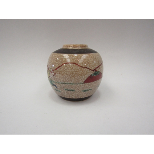 1310 - A Japanese crackle glaze ginger jar depicting warrior on horseback, bulbous form, character marks to... 