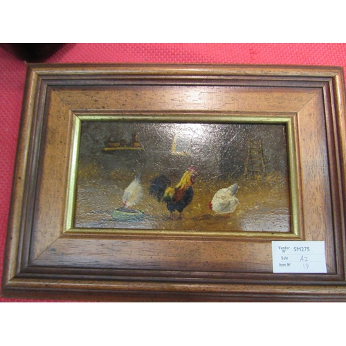 1456 - A framed bygone photograph of horse and cart and an oil on board depicting cockerel and house   (GRO... 