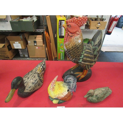 1474 - Three wooden birds including chicken, a small chicken tureen, no ladle, and a Hens Eggs wall hanging