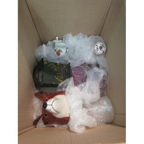 1480 - A mixed box of china and glass including ceramic fox head wall pocket, glass jugs, cabbageware dish