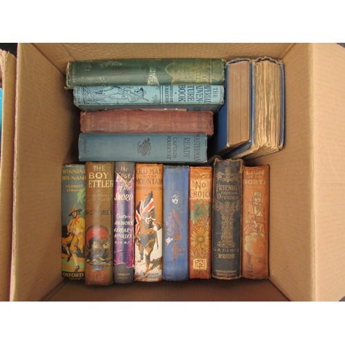 1154 - Two boxes of boys juvenile adventure books in pictorial cloth, and childrens annuals, including Herb... 