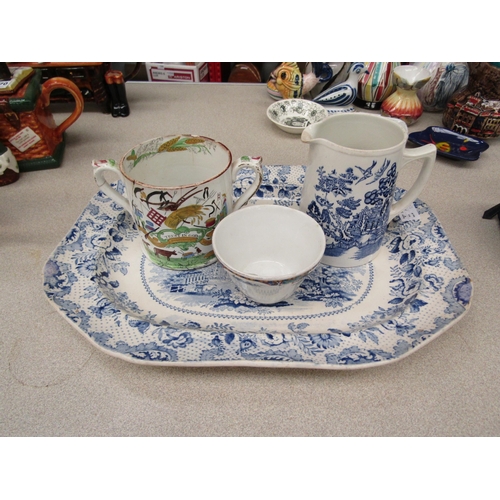 1172 - A 19th Century blue and white 'Rose Wreath' meat plate, 'trust in god' harvest mug a/f, jug, tankard... 