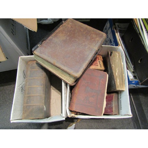 1444 - Two boxes of book to include; 19thc leatherbound volumes, a large leatherbound ledger, bibles, etc