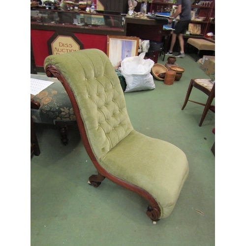 4064 - A circa 1840 button back walnut slipper chair with carved acanthus leaf decoration on white ceramic ... 