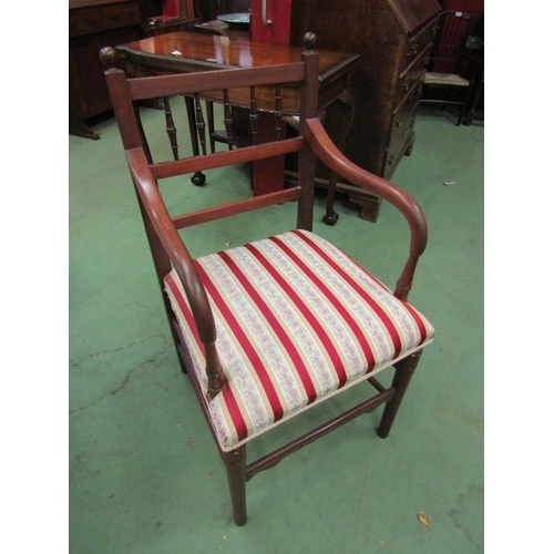 4204 - A 19th Century carver chair with spindle back, red silk stripe seat  (E) £5-10 BB