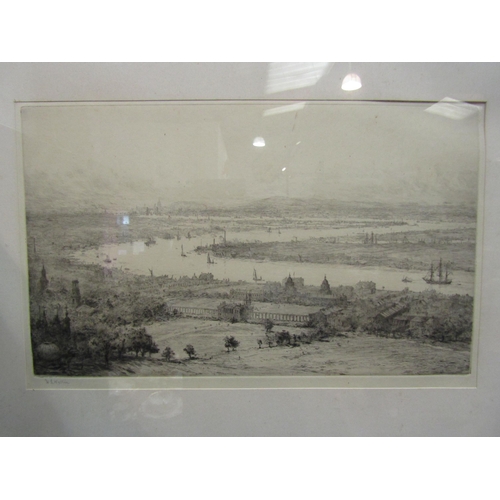 4041 - A William Wyllie etching depicting the Thames from a distance, pencil signed lower left, framed and ... 