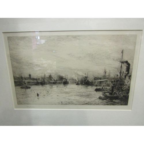 4042 - A William Wyllie etching depicting steam boats on the Thames, pencil signed lower left, framed and g... 