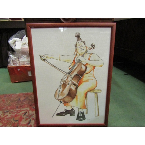 4391 - A cartoon caricature of lady playing the cello monogrammed AG watercolour on paper, 36cm x 26cm