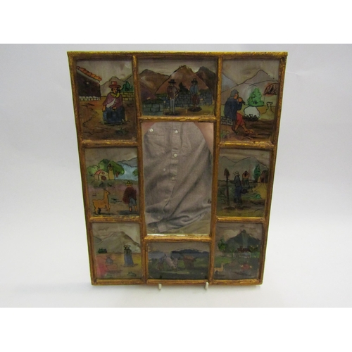 4397 - A mirror with pictorial surround depicting South American agricultural scenes, 31.5cm x 25.5cm overa... 