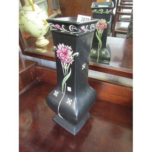 2078 - A tall Art Nouveau Shelley Vase, black ground with floral transfer