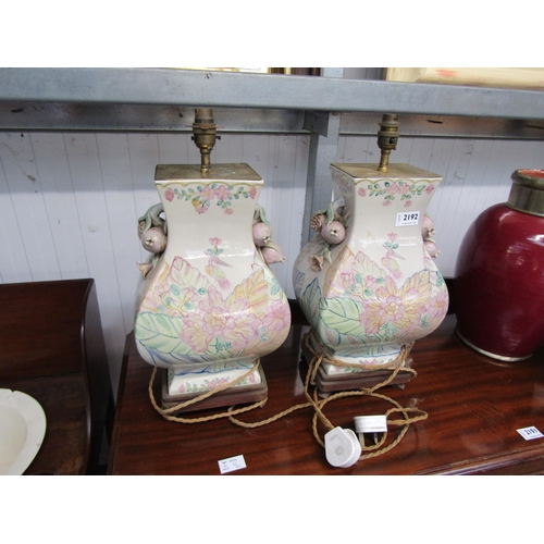 2192 - A pair of ceramic lamps on timber base   (E) £20-30