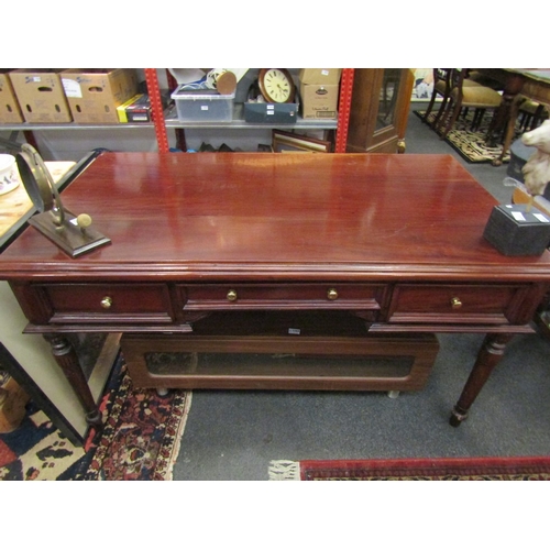 1007 - A Victorian style writing table of three faux and three frieze drawers on turned and carved legs. 78... 