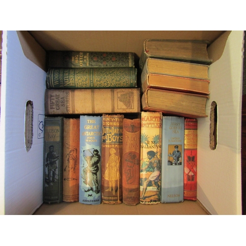 1190 - Two boxes of juvenile adventure books, mainly boys stories of derring-do, in pictorial cloth binding... 