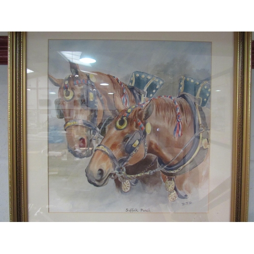 1011 - A pair of framed watercolours of horses, Suffolk Punch and Percheron, initialled to bottom right D.J... 