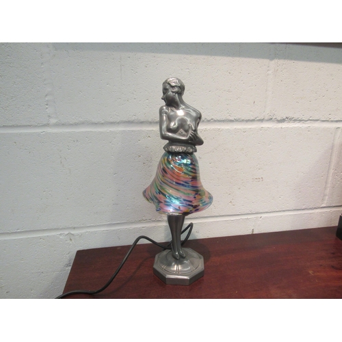 1029 - A 1920's style Brevette cast alloy lamp of a semi-clad lady with iridescent shade as a skirt, 36cm h... 
