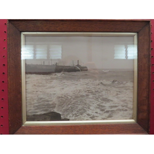 1100 - A pair of oak framed vintage photographs of Lowestoft pier and harbour, 18cm x 23cm image sizes