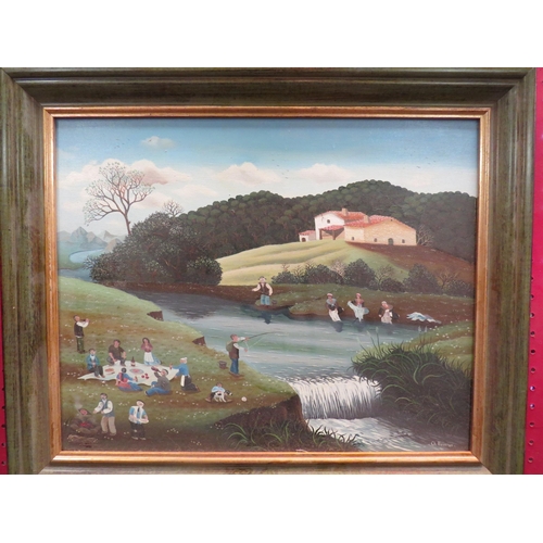 1102 - Two naive Continental acrylics, one of cats beside river, the other of crowd beside river (2)