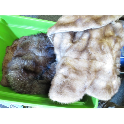 1207 - A box containing a fur stole and coat, together with a box of 60's knitting patterns and a further b... 