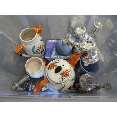 1213 - A box of assorted including Wedgwood, cased hydometer, plated candle stands, beer steins