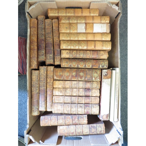 1215 - A box containing leather bound antiquarian volumes including Waverley Novels