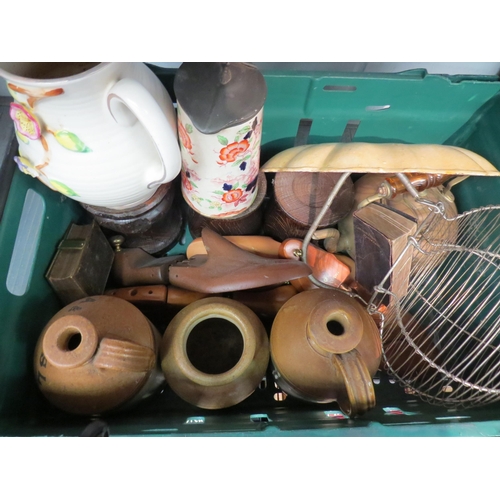 1223 - A box of assorted including three stoneware flagons, shooting stick, three wooden turned supports an... 