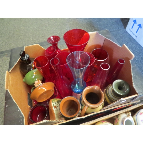 1224 - Two boxes of assorted china and glassware including red glasses, pottery jugs and vases, figures, et... 