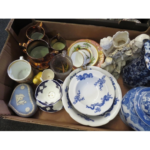 1233 - Two boxes of assorted china including blue and whtie ginger jar, lustre jugs, animal figures, etc