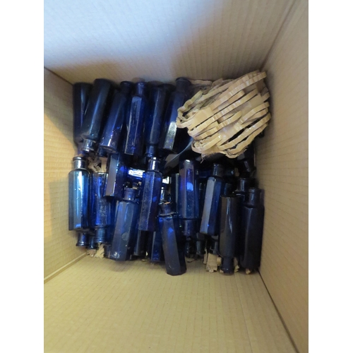 1255 - A box of octagonal Bristol blue bottles, some with stoppers, approx 48. Also including a selection o... 