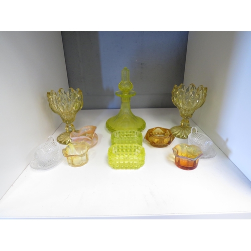 1262 - A collection of glass to include vaseline glass scent bottle and salts, art glass salts, etc. (11)