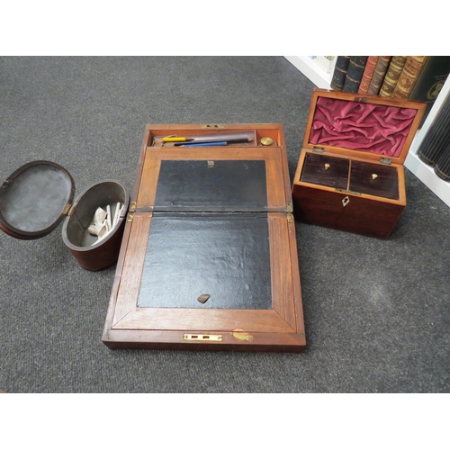 1390 - A Victorian  walnut desk writing box, a tea caddy and an oval trinket box (3)