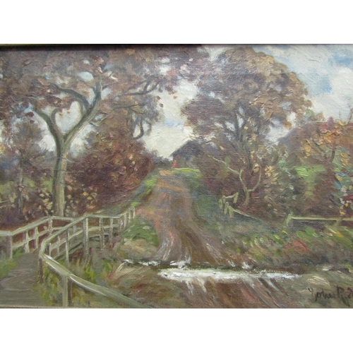 1259 - Two early to mid 20th Century rural landscapes, river and trees, farm track, oil on canvas, signed J... 