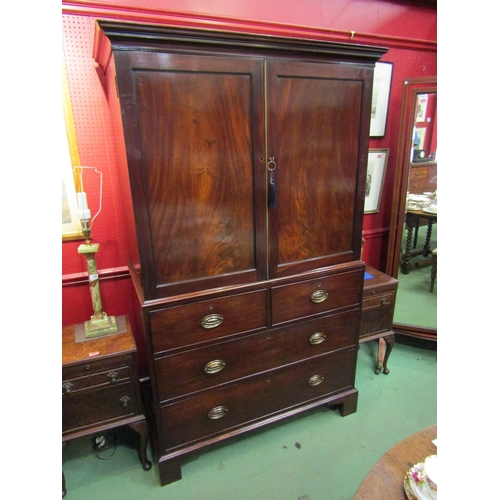 4042 - Circa 1780 a flame mahogany country house linen press the two doors with brass door bar enclosing fo... 