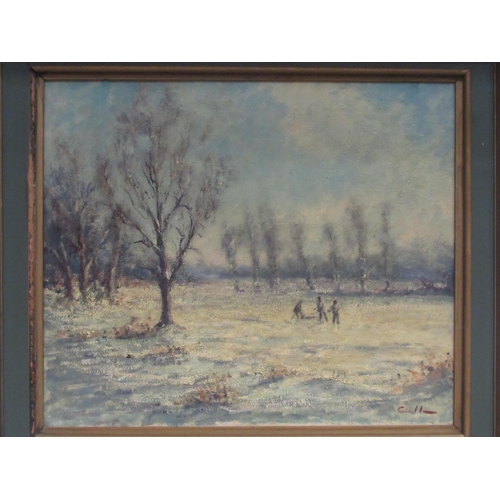 4014 - H.E. COLLIN: An oil on canvas of Dunston, Norfolk, figures in rural landscape, monogrammed lower rig... 