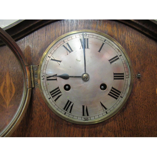 4028 - An early to mid 20th Century oak mantel clock, two train movement striking on a coiled gong, 28cm x ... 