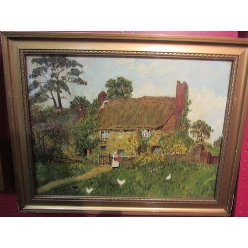 4063 - Two 20th Century naive oil on canvases depicting country cottages, one with chickens, one monogramme... 