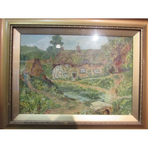 4063 - Two 20th Century naive oil on canvases depicting country cottages, one with chickens, one monogramme... 