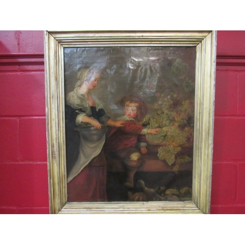 4119 - A Victorian oil on canvas depicting mother with child grasping grapes, gilt framed, 74cm x 62cm imag... 