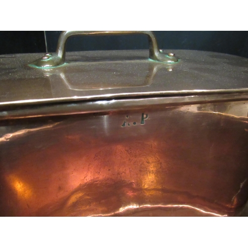 4133 - A heavy copper maslin jam pan 40.5cm diameter and another large lidded pan stamped A.P. to pan and l... 