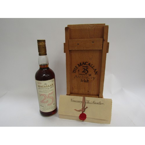 9309 - The Macallan 25 years Old anniversary Malt Whisky, distilled 1958/59 bottled 1985, in pine case with... 