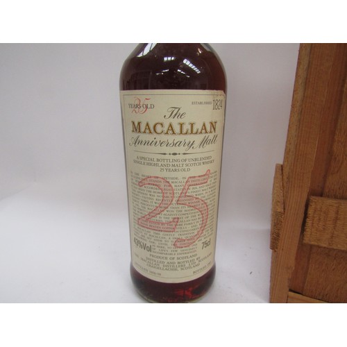 9309 - The Macallan 25 years Old anniversary Malt Whisky, distilled 1958/59 bottled 1985, in pine case with... 