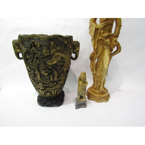 4253 - Three Oriental items including elephant handled resin vase (29cm high), resin figure and soapstone f... 