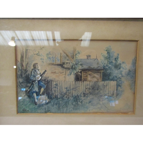 4362 - A pair of watercolours of a rural cottage, one with a man in 17th Century clothing serenading outsid... 