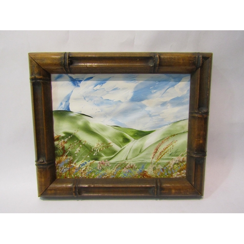 4364 - Oil and gouache on paper backed by board in a vintage bamboo frame, a Summer vista of perfect rollin... 