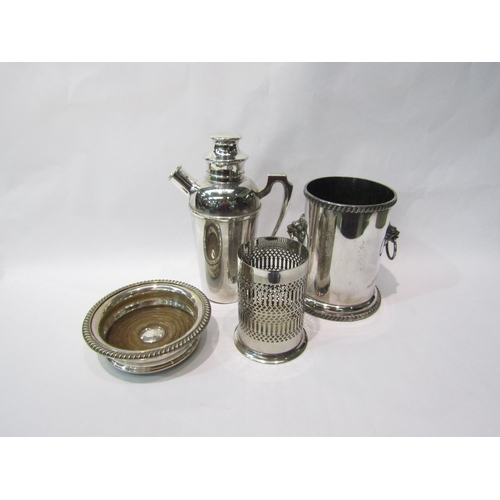 4367 - Four silver plated items including bottle holders, cocktail shaker, wine coaster etc, some a/f